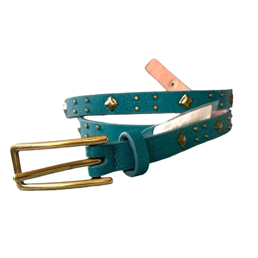 Nine West Women's Leather Belt Sz M Bronze Tone Buckle & Studded Teal Green NWT
